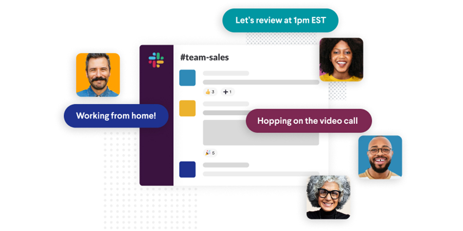 A group of chat bubbles and portraits surrounding the Slack interface (image property of Slack).