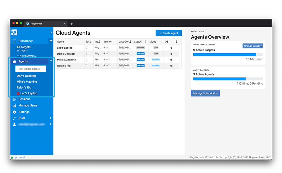 A screenshot of the PingPlotter Cloud Agent summaries