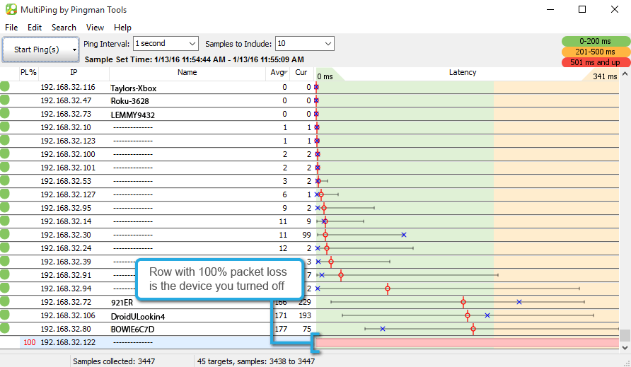 Screenshot of device identified in MultiPing