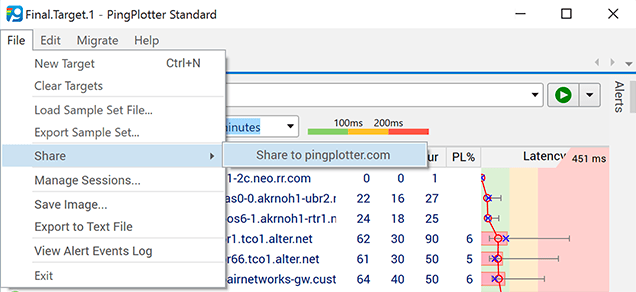 PingPlotter share menu