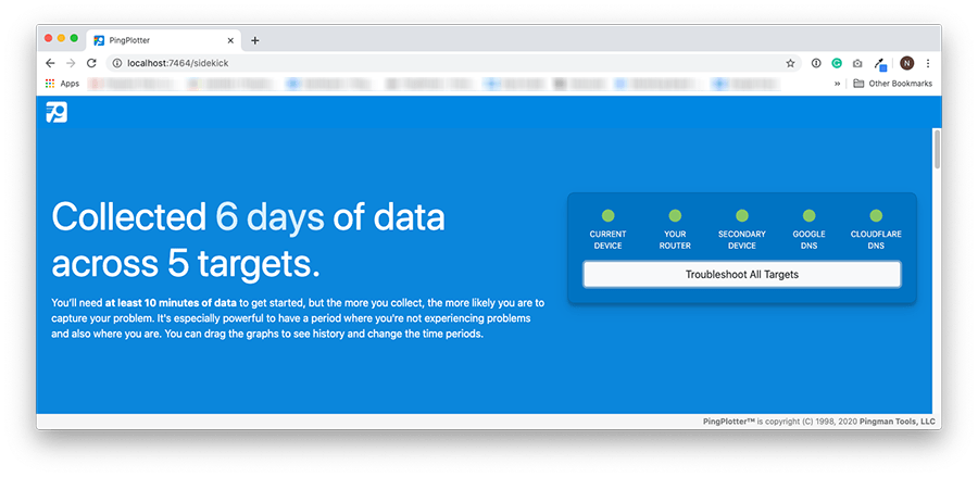 A browser window depicting PingPlotter Sidekick's connection overview