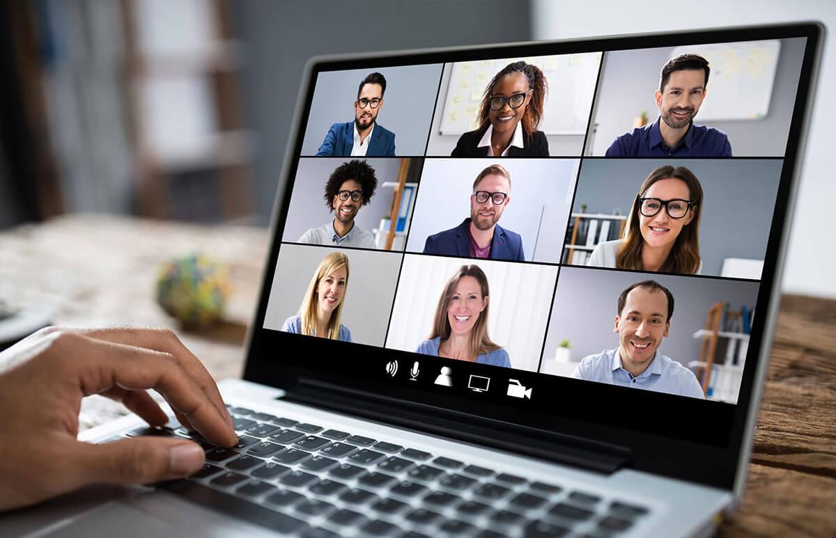 Nine people on a video call screen