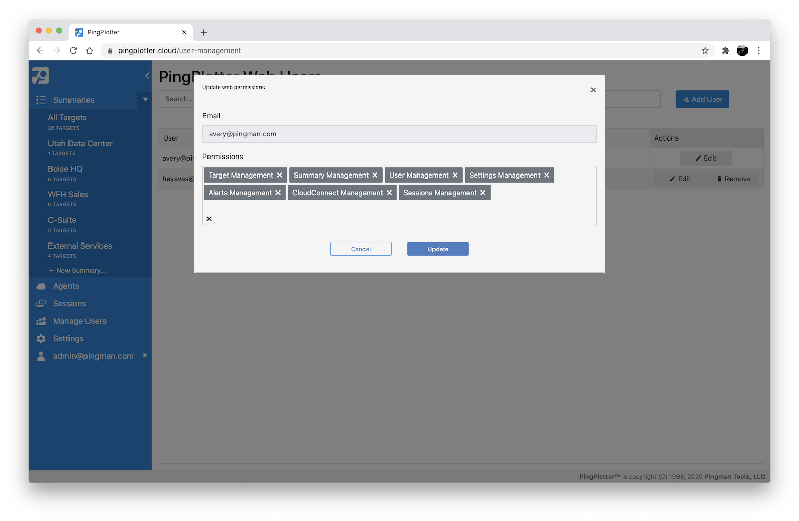 A screenshot of the PingPlotter Cloud interface, complete with graphs and charts and a very blue sidebar