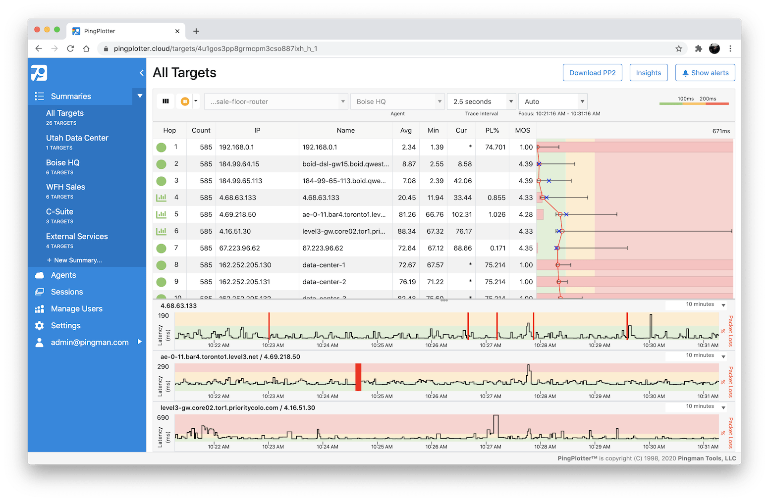 A screenshot of the PingPlotter Cloud interface, complete with
graphs and charts and a very blue sidebar